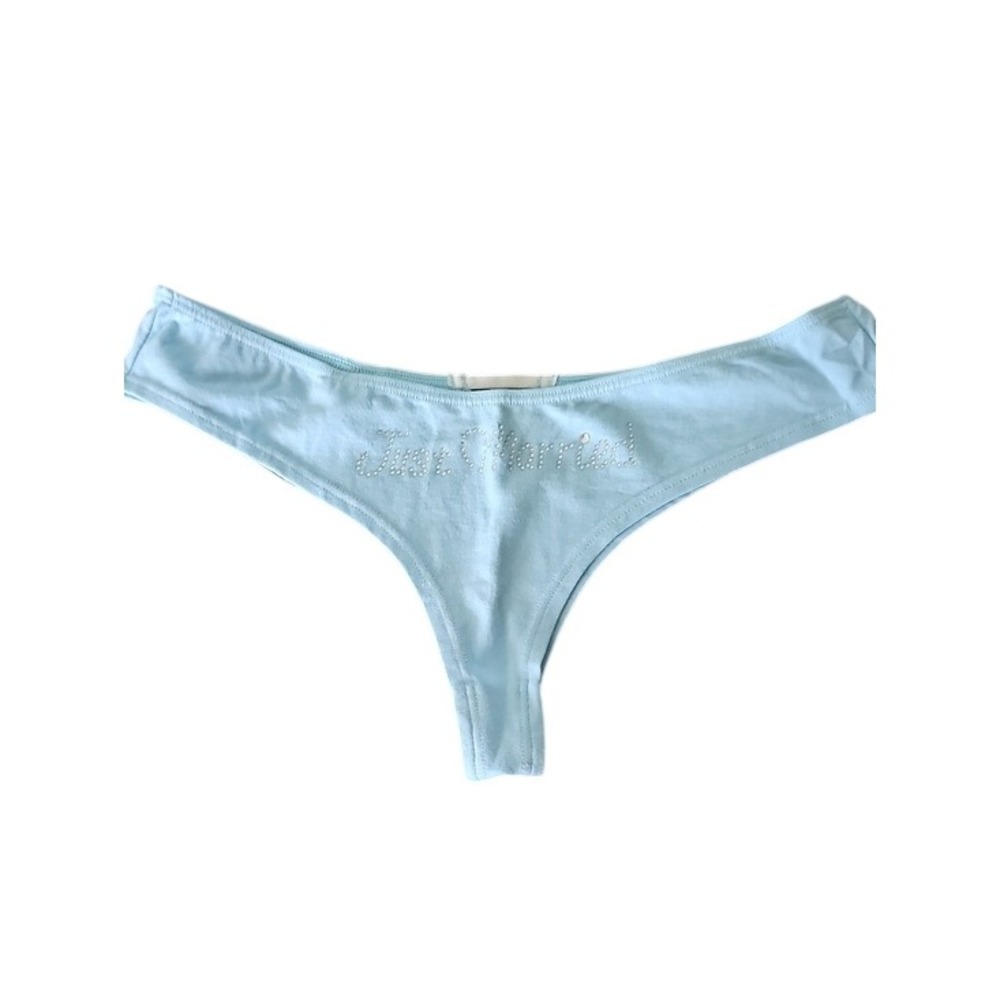 Fredericks of Hollywood "Just Married" Rhinestone Thong Blue Bridal L NWT